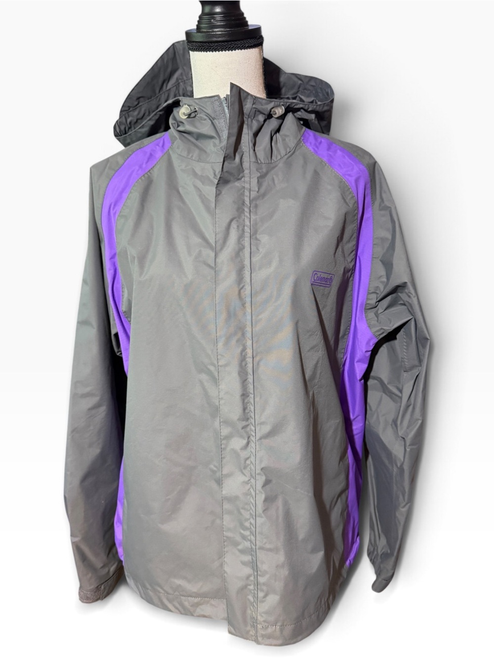 Coleman Women's Colorblock Hooded Rain Jacket Windbreaker Gray/Purple, L/XL